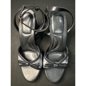 Arden B Black Monogram Signature Canvas Block Heel Sandals Bow Detail